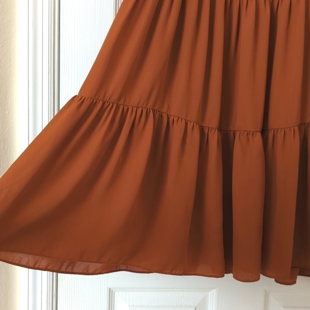 Sam and Jess Ruffle Tiered Long Sleeve V-neck Mini Babydoll Swing Dress Rust S - Picture 8 of 13